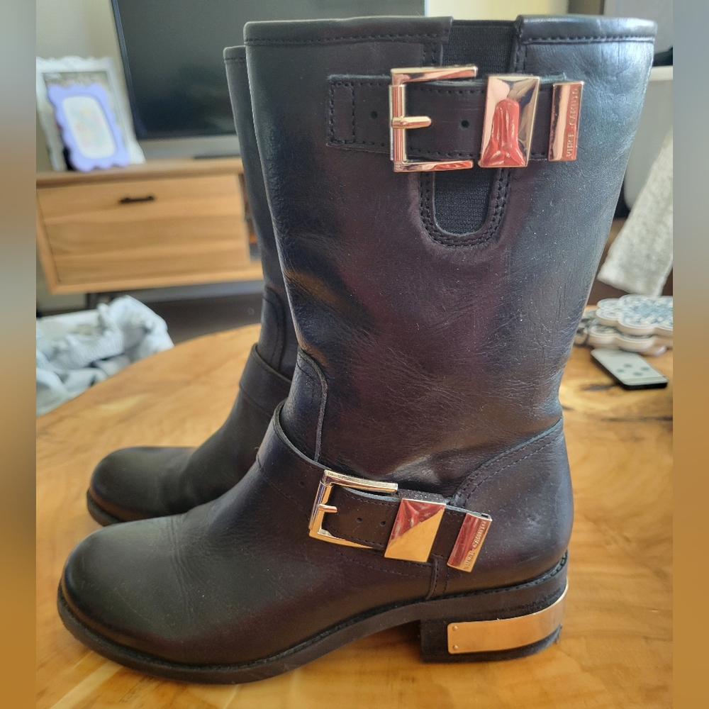 7.5 Black Leather and Silver Moto Boots